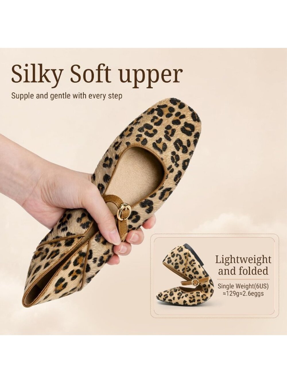 Women's Leopard Mary Jane Non Slip Work Ballet Flats Square Closed Toe Shoes - Picture 5 of 6